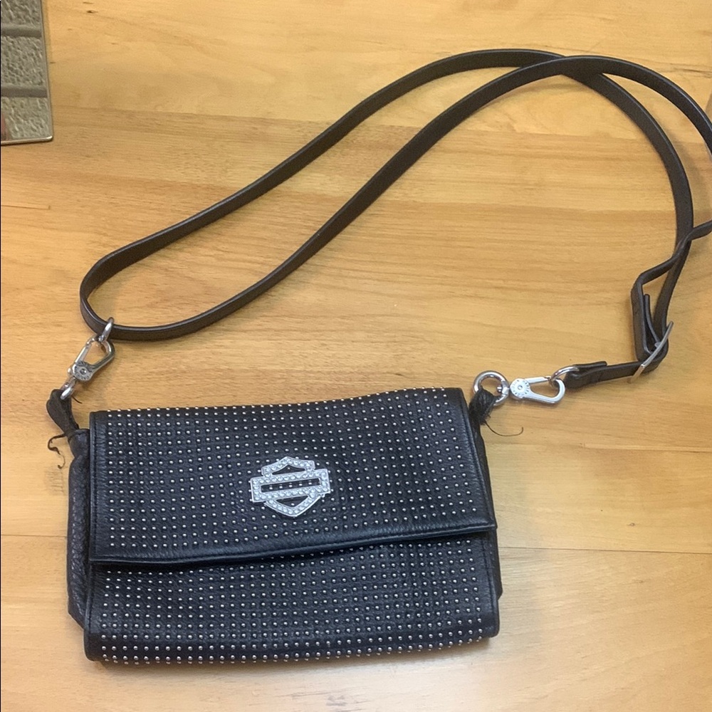 Harley Davidson Black Leather Studded Nailed Rhinestone Logo Flap Crossbody VGUC
